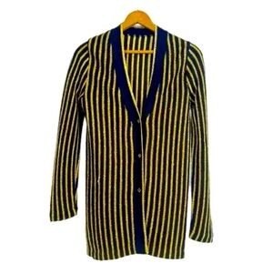 VTG 70s Black + Gold Vertical Striped Cardigan ft unique gold club buttons